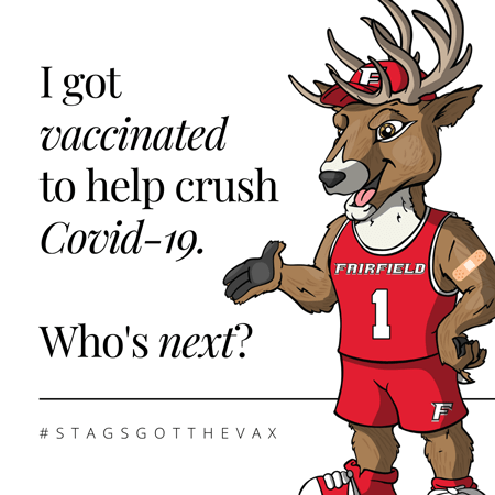 Graphic for social media (Instagram) of the Lucas the Stag mascot with a bandaid, with the campaign slogan 'I got vaccinated to help crush Covid-19. Who's next? #StagsGotTheVax'