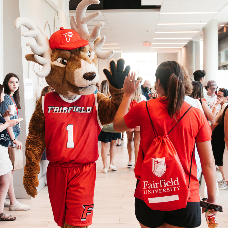 Lucas the Stag high-fiving a passing student.