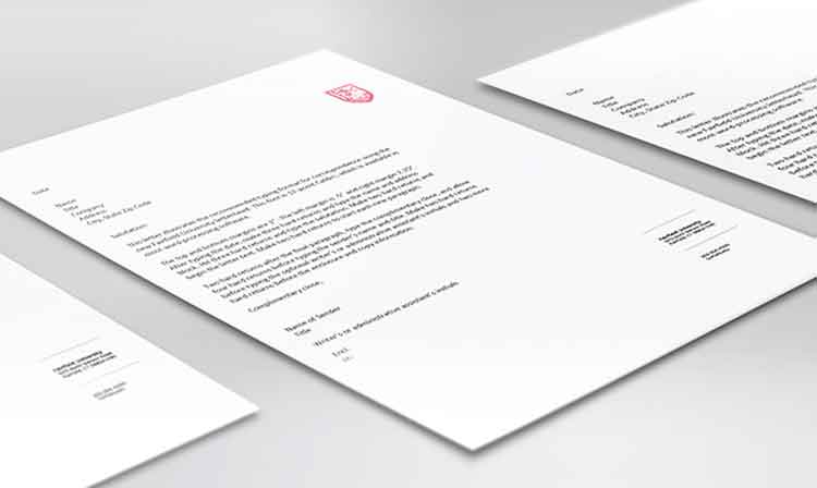 Three letterhead designs featuring a prominent red logo, showcasing different layouts and styles.