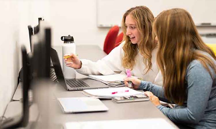 Image of two students collaborate on a computer in a bright classroom, focused on their project together.