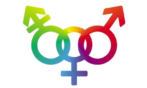 Rainbow male, female, and androgyne gender symbols in front of white background.