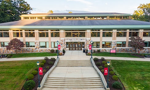 An aerial view of the pathway leading into the library.