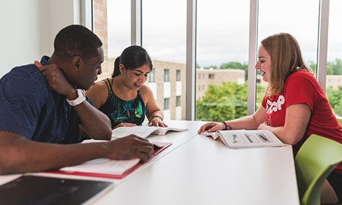 Students working collaboratively in a Dolan study room on a group project.