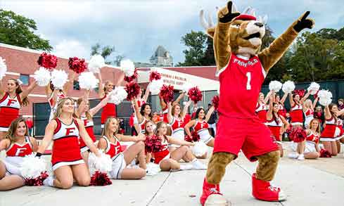 Lucas the Stag and cheerleaders during a pep rally.