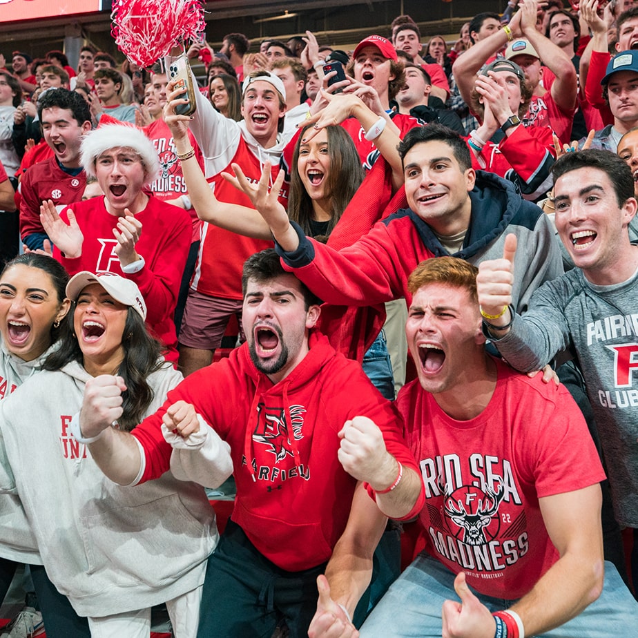 The student crowd at a sports game cheers passionately.