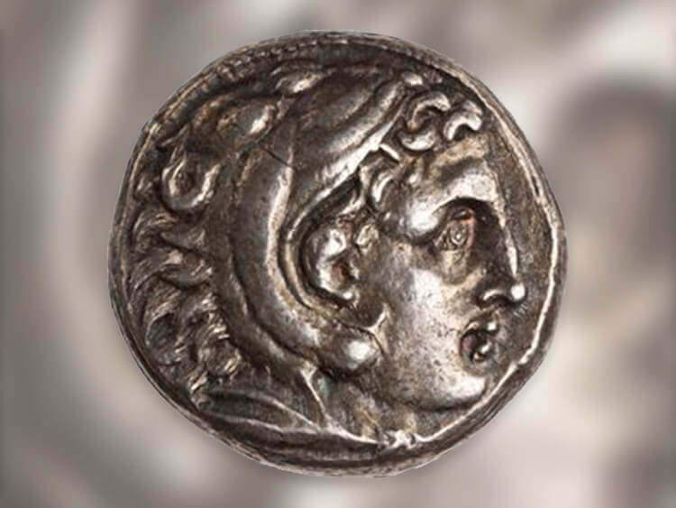 Ancient coin featuring the likeness of Alexander the Great, showcasing intricate designs and historical significance.