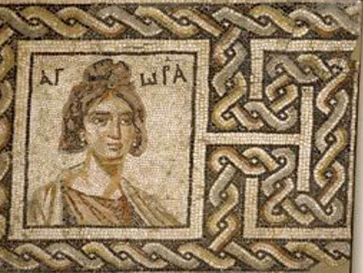 A vibrant mosaic featuring a woman wearing her hair up, highlighting artistic craftsmanship.