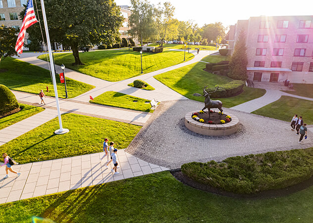 A campus view featuring a the Fairfield University Stag statue and a flag waving in the breeze against a clear sky.
