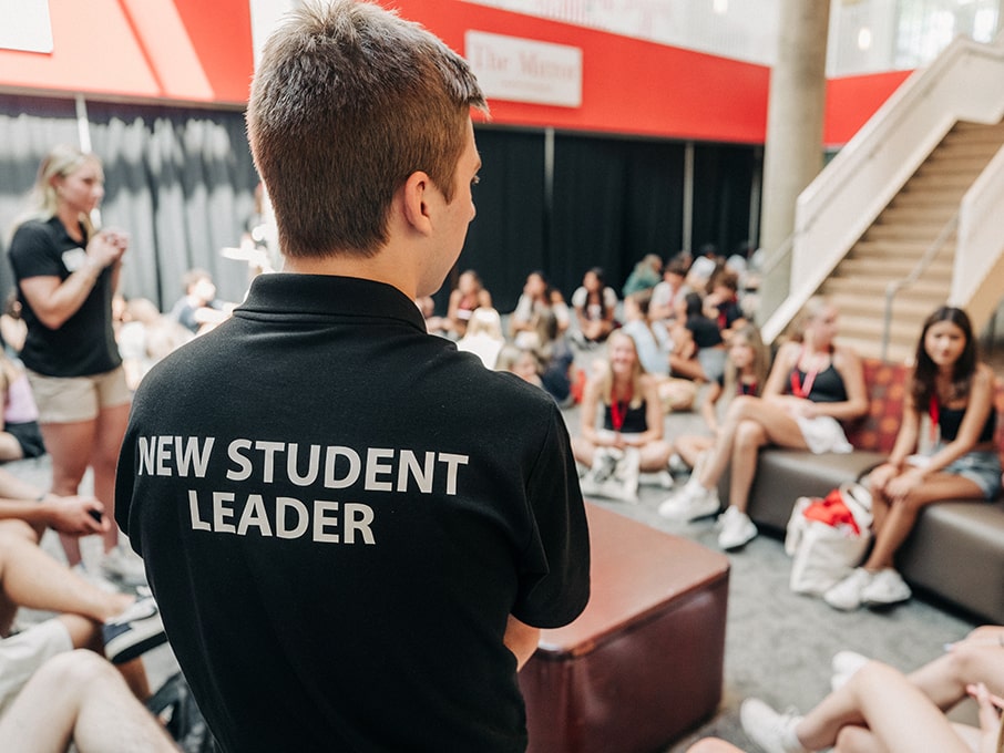 Upper class New Student Leaders talking to a group of first-year students.