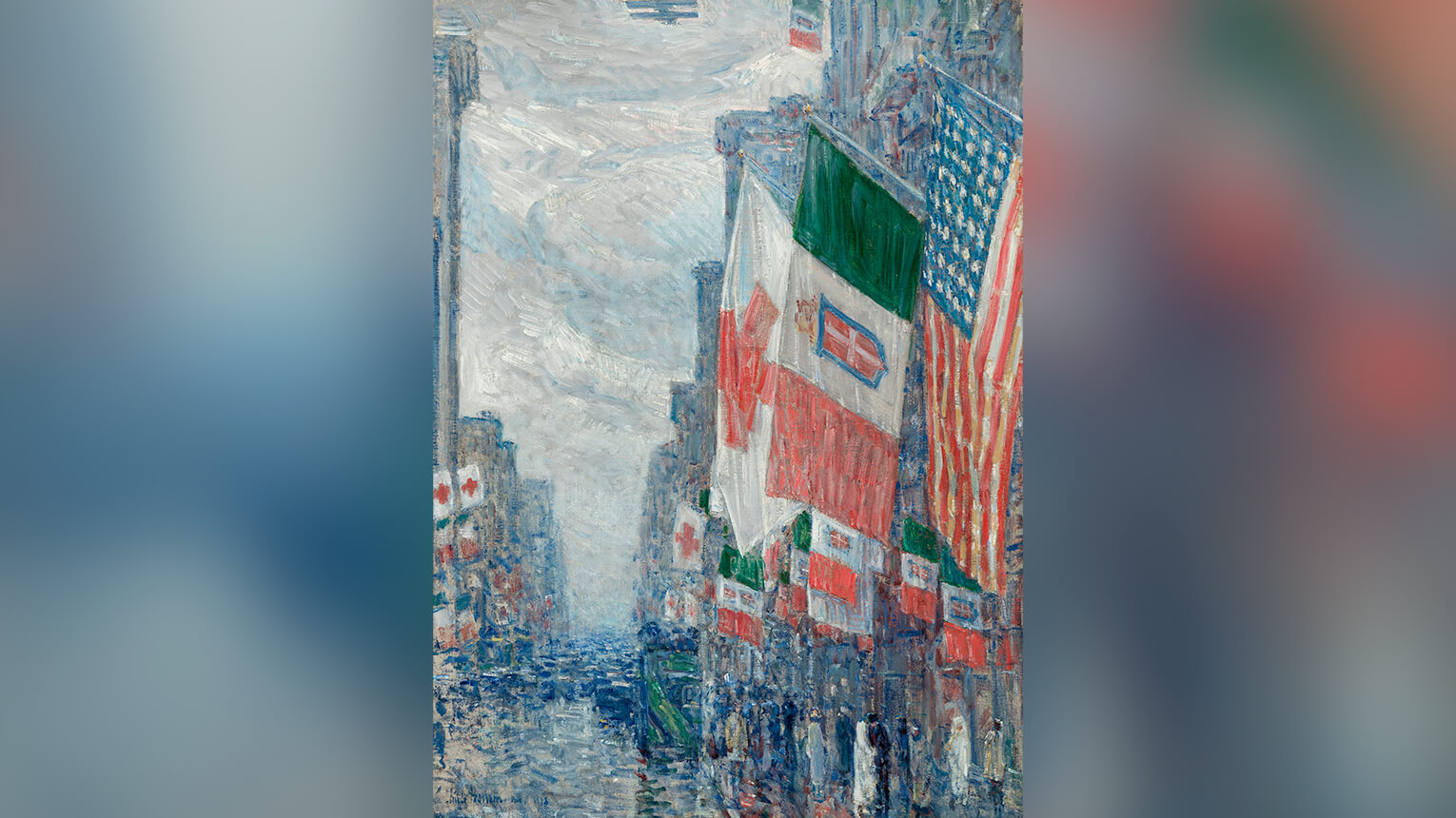 A vibrant painting of a city street adorned with colorful flags fluttering in the breeze.