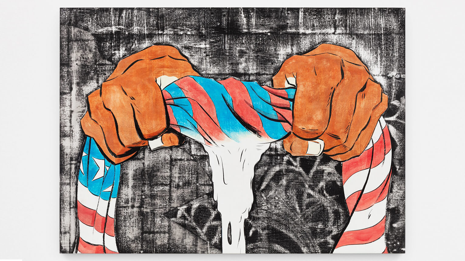 Two hands twist a striped, red, white, and blue cloth resembling an American flag against a textured, dark background, suggesting tension and struggle.