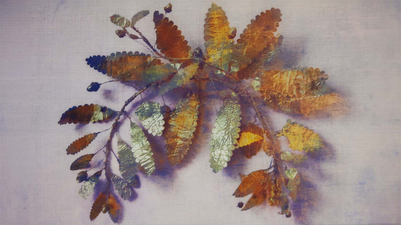 Image of Fragment of a gold leaf wreath, 2020, laser print with oil paint.