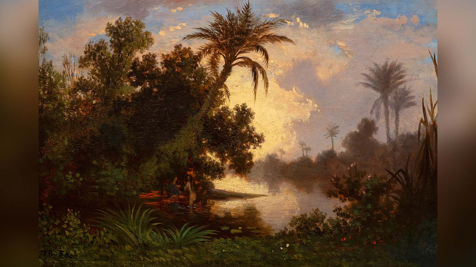 A painting depicting a serene landscape with a sunset sky, silhouetted palm trees, and lush greenery reflecting in a calm river, evoking peace and natural beauty.