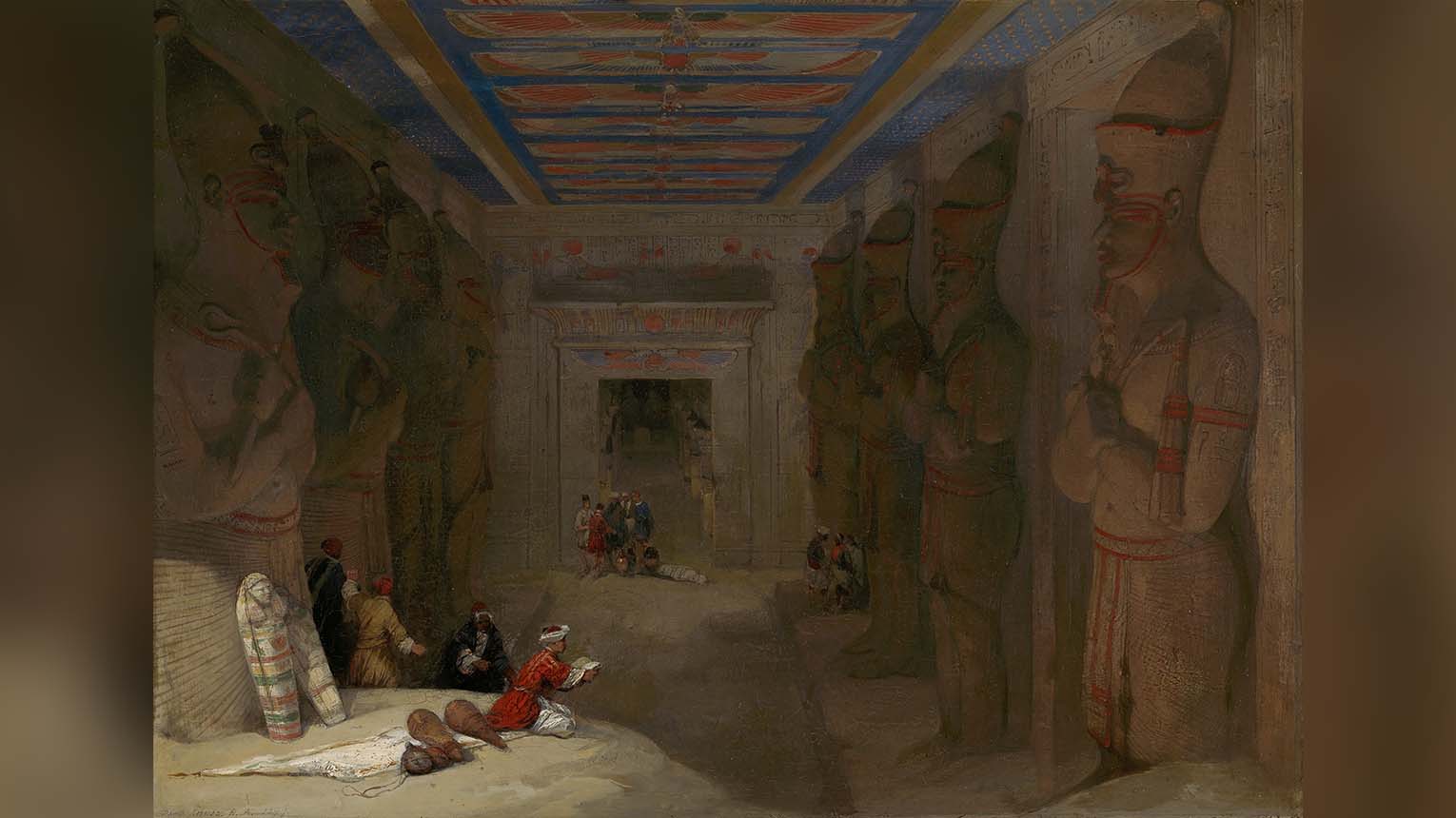 Image of a ancient Egyptian temple interior with colorful ceilings, massive statues lining the walls, and people gathered in small groups, evoking a historical ambiance.