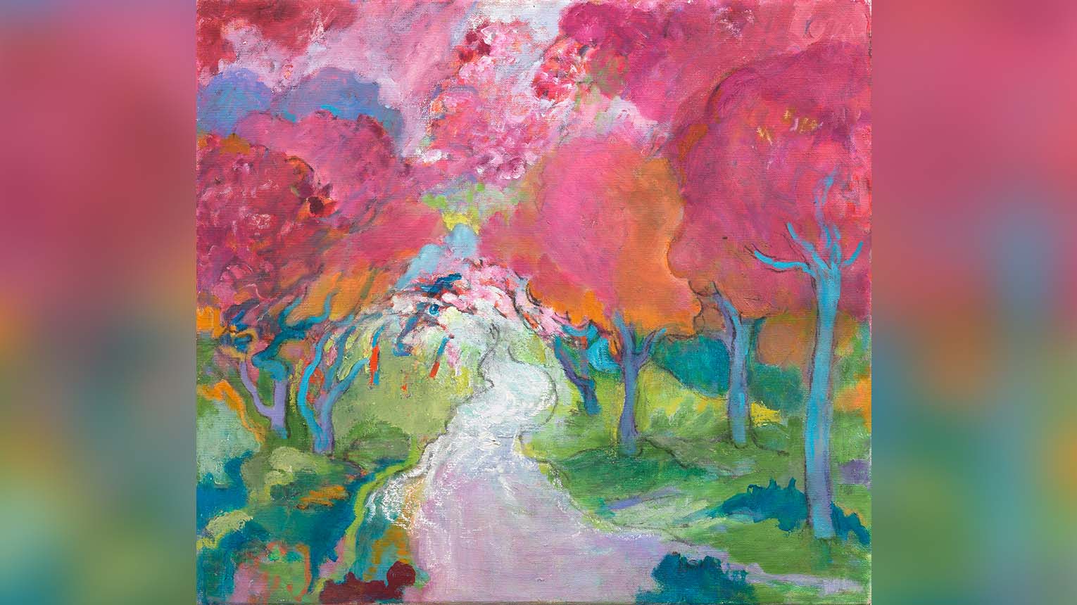 Image of a serene painting of a forest path lined with vibrant pink trees, inviting viewers to explore nature's beauty.