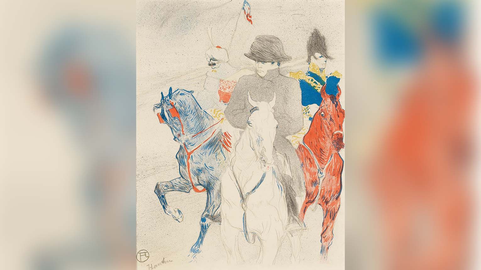 Image of a drawing of three men riding horses, each in different poses and outfits, set against a simple background.