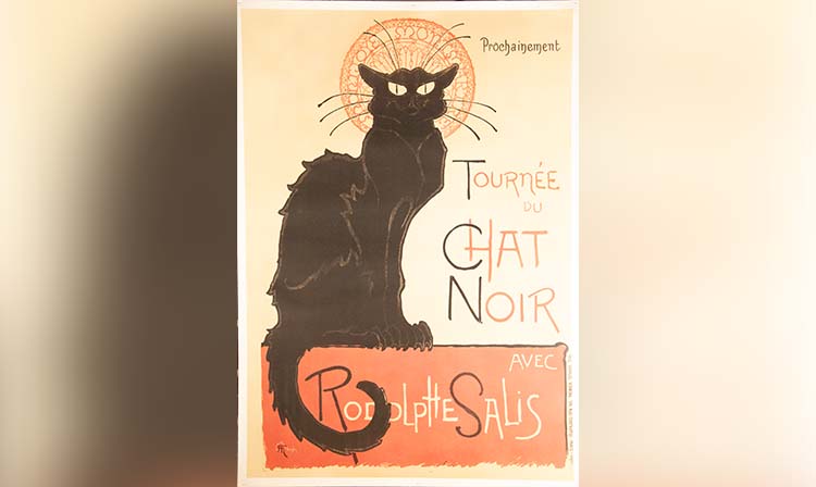 A vintage poster featuring a sleek black cat, representing the iconic "Le Chat Noir" cabaret in Paris.
