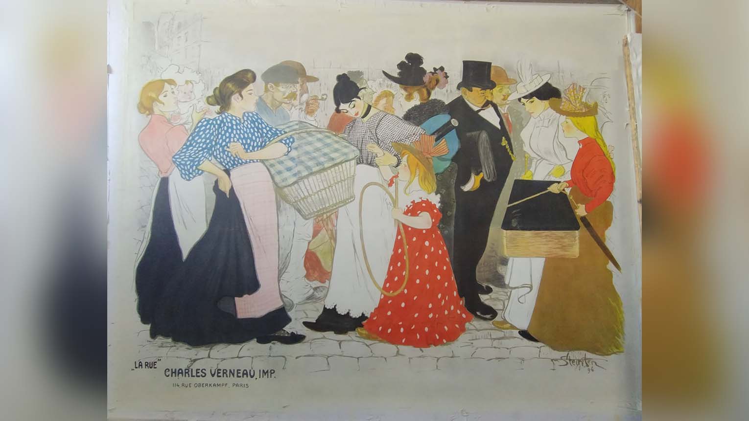 A colorful painting featuring people dressed in elegant attire and stylish hats, enjoying a lively outdoor gathering.