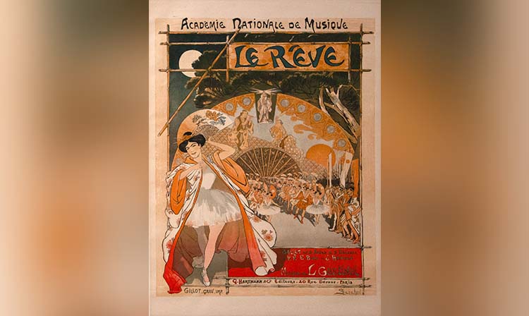 A colorful poster for the ballet "Aureole," featuring dancers in elegant poses against a vibrant background.