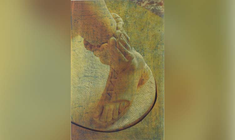 A painting depicting a foot wearing a shoe, showcasing the details of the footwear and the foot's shape.