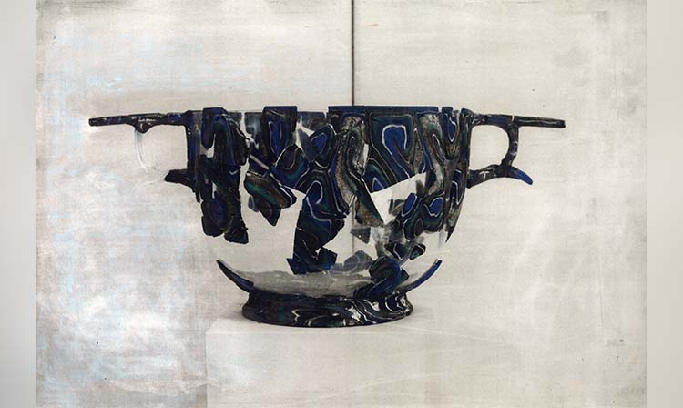 A painting depicting a vase with shattered pieces scattered around, symbolizing fragility and loss.