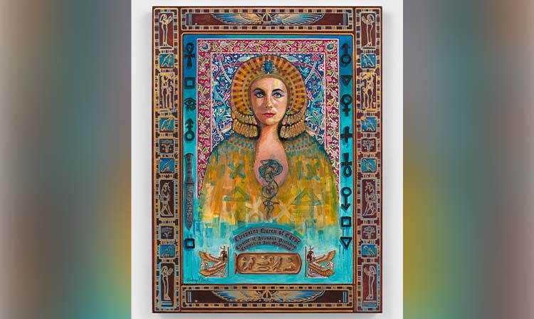 Illustration of Cleopatra framed in ornate Egyptian motifs with hieroglyphs. She wears a golden headdress and dress, conveying regality and elegance.
