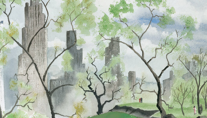 A painting depicting a park filled with trees and buildings in the background, showcasing a serene urban landscape.