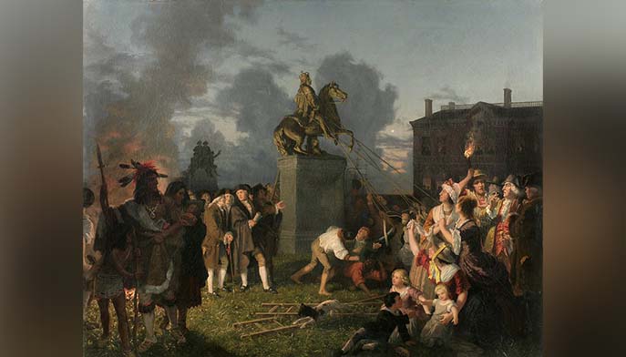 Johannes Adam Simon Oertel, Pulling Down the Statue of King George III, New York City, ca. 1852–1853, oil on canvas. The New York Historical, Gift of Samuel Verplanck Hoffman, 1925.6. Courtesy of The New York Historical