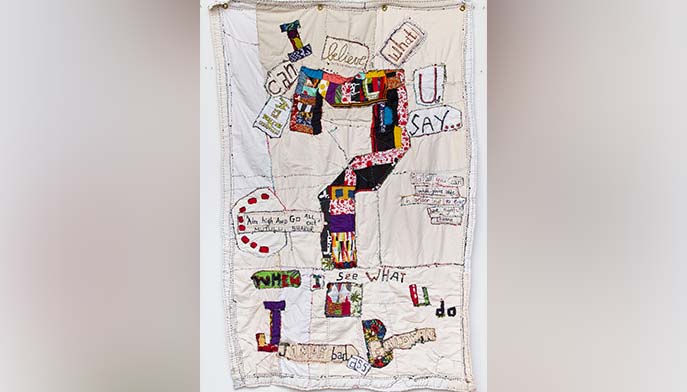 Kenny “Zulu” Whitmore, Etienne, Mutulu Shakur, and Maureen Kelleher (quilt design); Maureen Kelleher (quilting), James Baldwin: Quote #3, 2019, mixed cotton blends. Lent by Maureen Kelleher, © Maureen Kelleher
