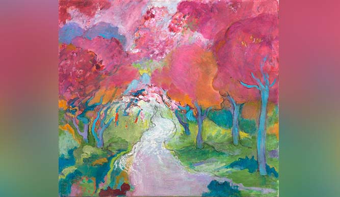 A serene painting of a forest path lined with vibrant pink trees, inviting viewers to explore nature's beauty.