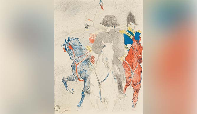 A drawing of three men riding horses, each in different poses and outfits, set against a simple background.
