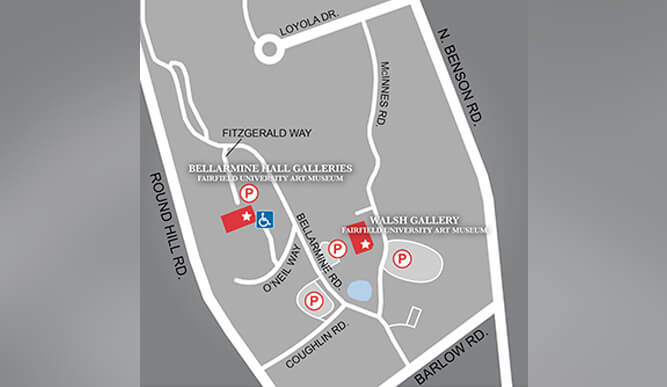 A map of Fairfield University, highlighting various campus buildings and parking locations.  