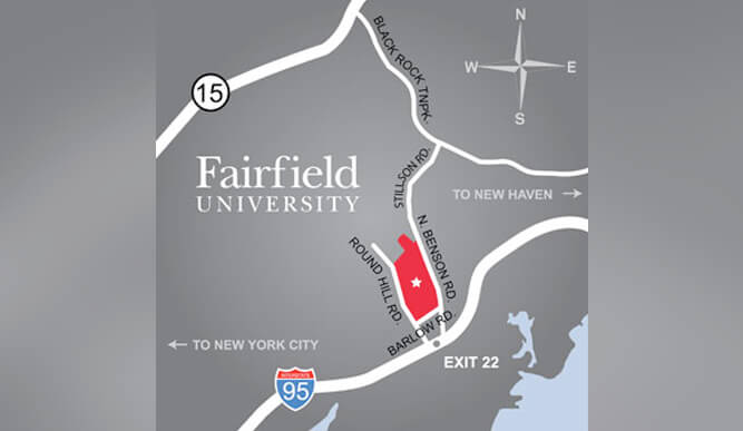 A detailed map of Fairfield University, highlighting various campus buildings.  