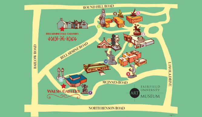 A guide highlighting sculptures located throughout Fairfield University campus.