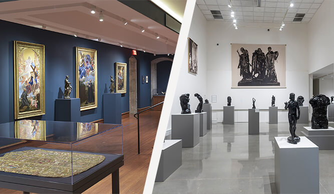 Two images, side by side: one of artwork in a museum, the other showing a room filled with various statues.