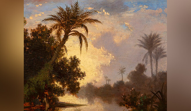 A picturesque scene of palm trees along a peaceful shoreline, with gentle waves lapping at the water's edge.