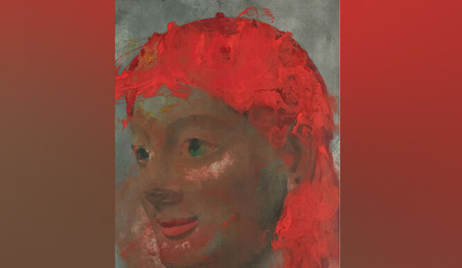 A painting depicting a woman with vibrant red hair, showcasing her features and expression in a colorful artistic style.