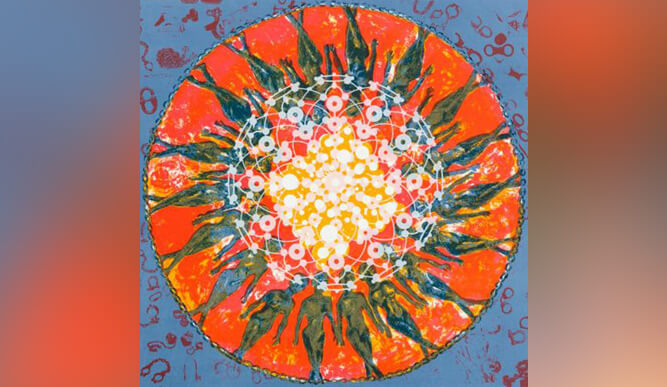 A colorful painting featuring yellow on a vivid blue background, highlighting natural beauty.