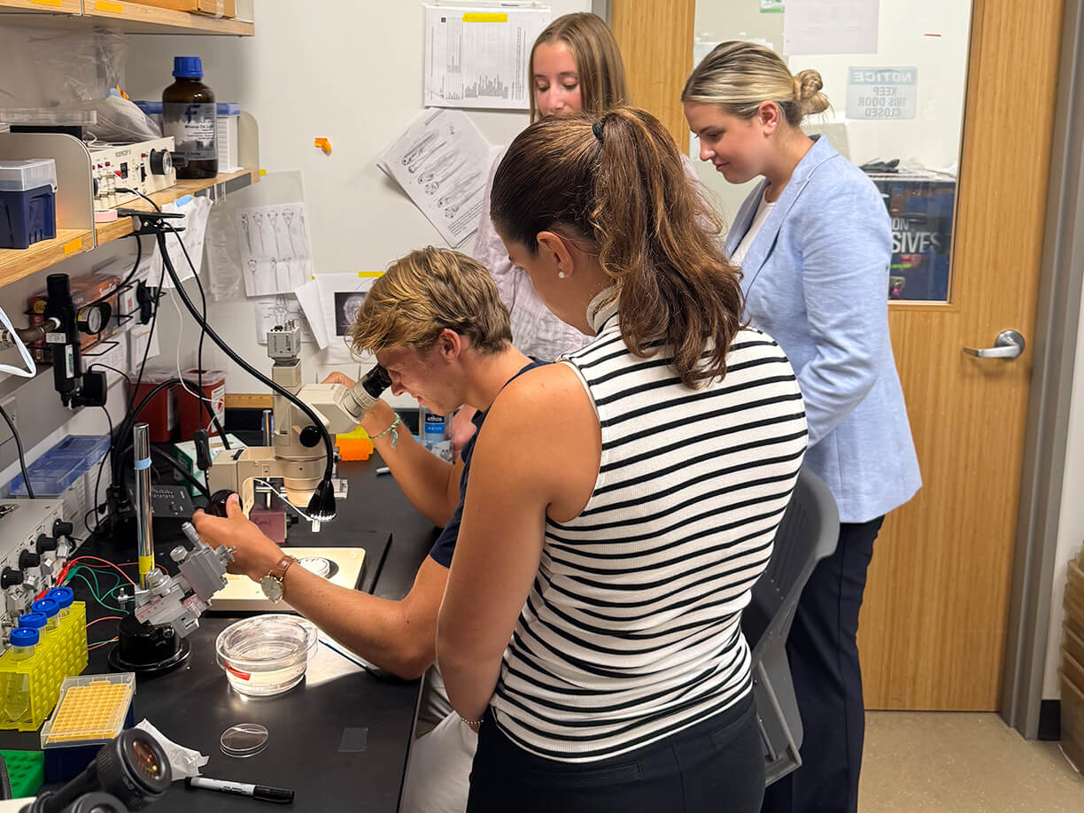 Students collaborate in a laboratory, focused on a scientific project with various equipment around them.