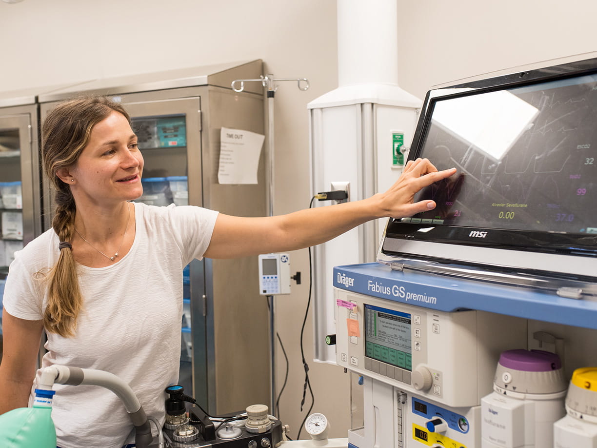 Fairfield Nursing student pointing to the screen of an anesthesia workstation.