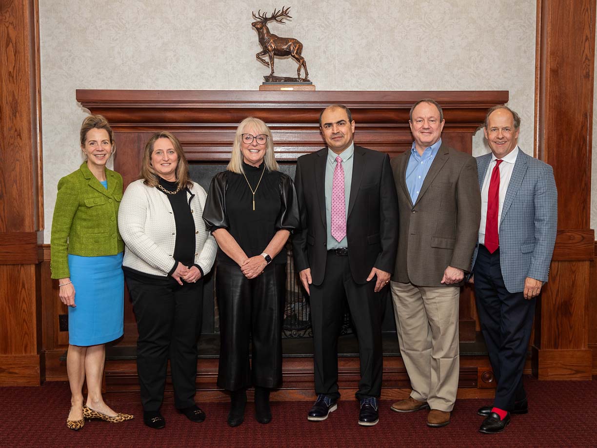 (l-r): Christine Siegel, PhD; Julie Marella; Jaclyn Lindsey-Noble; Naser Haghbin, PhD; George Bauer; and Mark R. Nemec, PhD, at the 2026 Alpha Sigma Nu Teacher of the Year recognition ceremony.