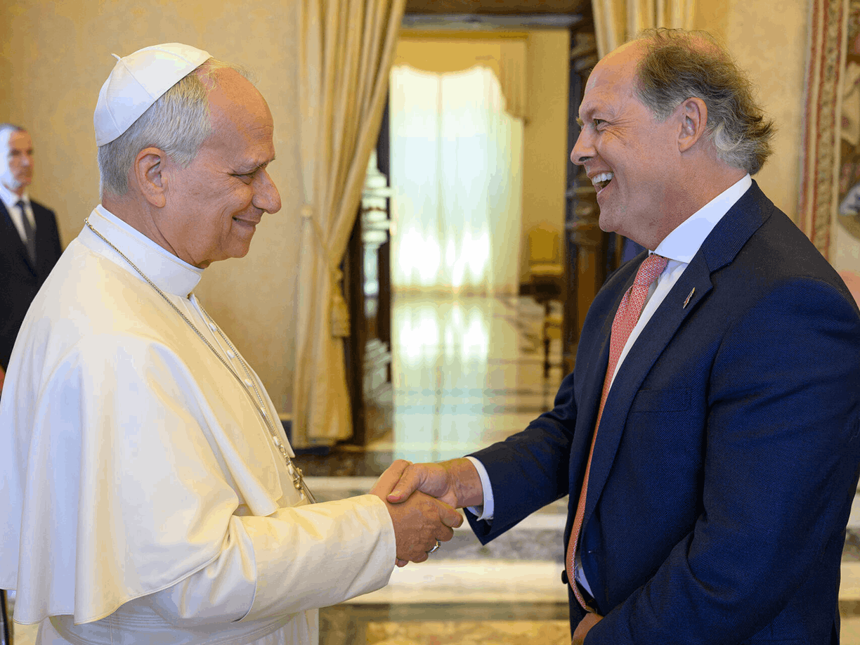 Fairfield University President shaking hands with the current Pope, dressed in his white papal robe, following the private delegation meeting with the AJCU.