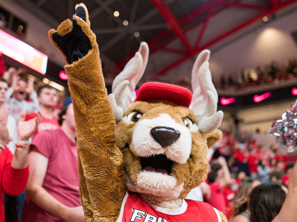 Image of a cheerful Lucas the Stag in red gear pumps up the crowd with excitement and energy.