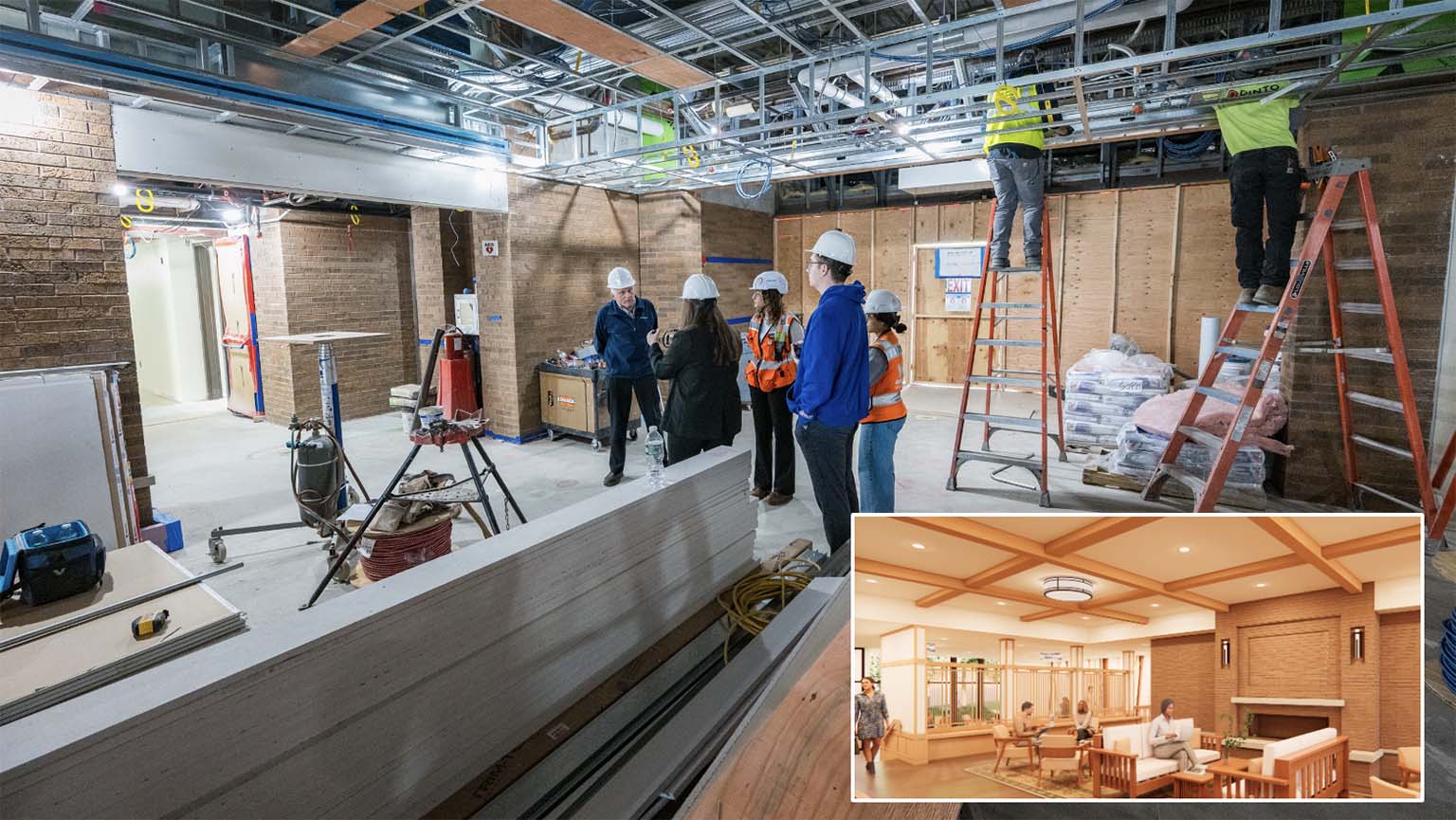 Picture features people actively working on a construction site, showcasing teamwork and safety practices.