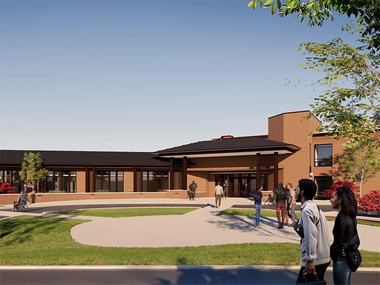 Artist's rendering of the new residence hall building, showcasing modern design and vibrant landscaping.