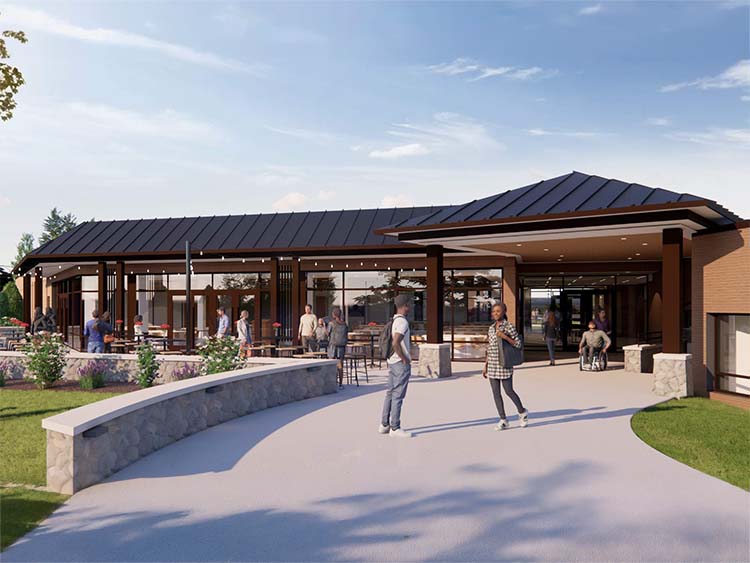 Artist's rendering of the new residence hall building, showcasing modern design and vibrant landscaping.