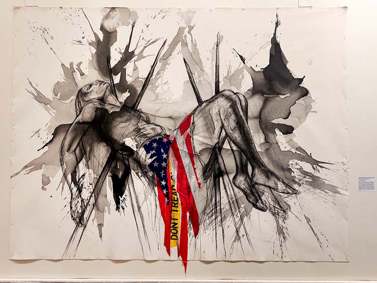 Artist Imo Nse Imeh’s abstract artwork titled “and i’ll be there with you,” featuring a reclining figure outlined in black with splashes of gray and black. A torn American flag with "Don't Tread" covers the figure's midsection. The tone is tense and evocative.