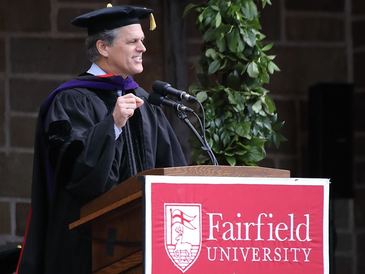 Undergraduate Commencement speaker in the middle of his speech addressing the Class of 2025.