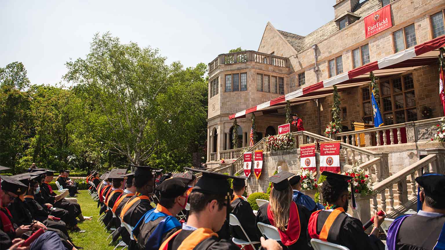 Students during 2021 commencement exercises at Fairfield University Bellarmine Hall