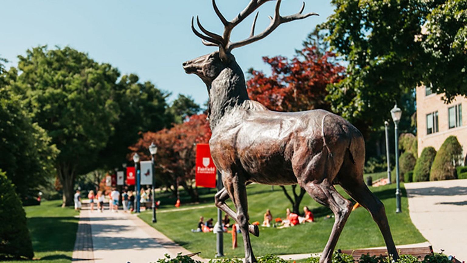 Beauty shot of the Lucas the Stag statue on a bright, sunny day.